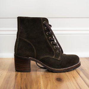 Frye Sabrina 6G Lace Up Heeled Combat Boot // Green Suede